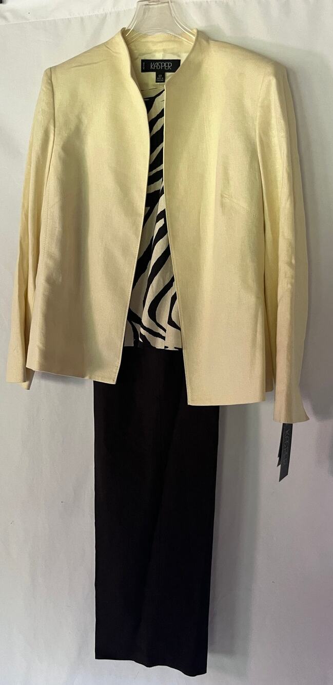 Kasper Cream Open-Front Jacket with Black Pants and Zebra-Print Shell